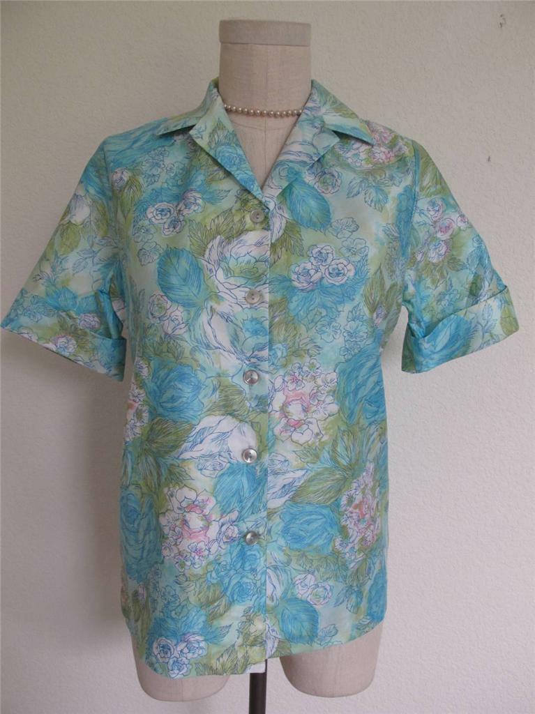 Primary image for VTG NWT 60s Blouse Blue Floral Print 32 S XS Short Sleeve Button Down Summer