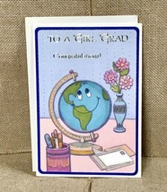 Ephemera Vintage Hallmark Graduation Card Anthropomorphic Globe Hippie Girl - $5.94
