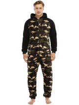 Men&#39;s Hooded Thick Flannel Camouflage Print Jumpsuit Homewear Pajamas - £41.36 GBP