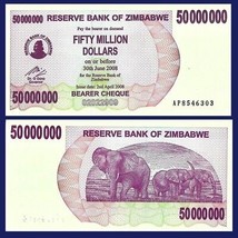 Zimbabwe P57, $50,000,000 , three elephants 2008 uncirculated, see U&amp; w/... - $3.99