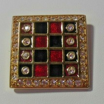 SWAROVSKI Crystal Swan Logo Gold-tone Red &amp; Black Enamel Checker Board Brooch - £26.68 GBP