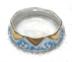 Vintage Blue Tiny Floral Hand Painted w Gold Open Salt Dip 1 3/4 x 1/2 Inch - $12.38