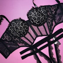 Victoria&#39;s Secret Longline 34DD Bra Set Panty Cutout Strappy Black Beige Lace - £55.26 GBP