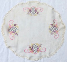 Embroidered Table Topper Dresser Scarf 24&quot; Round Linen Wisteria Ribbon Bows - £18.82 GBP