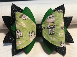 COW HAIR BOWS. 3 LAYERS WITH COW PRINT ON TOP, 5 X 3.5&quot;BLACK, GREEN AND ... - $7.66