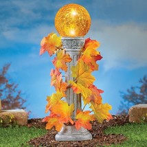 Solar Amber Gazing Ball Column with Autumn Leaves Fall Yard Garden Outdoor Decor - £17.63 GBP