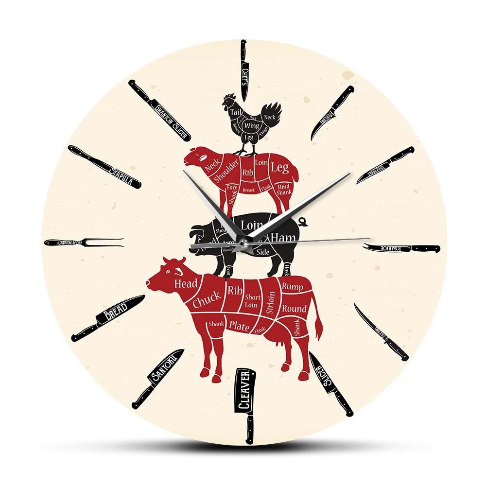Primary image for Kitchen Knives Butcher Shop Wall Clock For Chef Cook Beef Mutton Pork Chicken Me