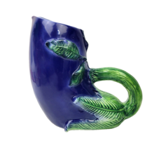 Vintage Italy Majolica Ceramic Pitcher Hand Painted Blue Vine Stem Leaves Handle - £23.50 GBP