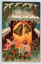 Christmas Postcard Cherubs Angels Embossed Bells Religious Pinecones Holly 1907 - £7.74 GBP