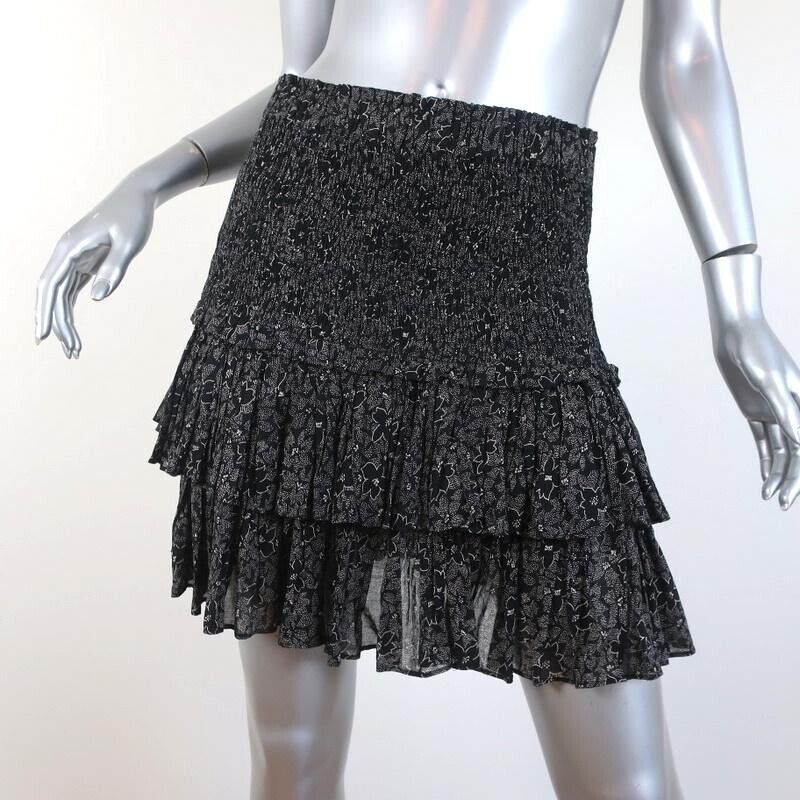 Primary image for Isabel Marant Etoile Naomi Black Smocked Floral Printed Cotton Tiered Skirt L 40