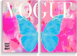 2 Piece Trendy Preppy Blue Butterfly Canvas Wall Art Pink Vogue Pictures Posters - £24.96 GBP