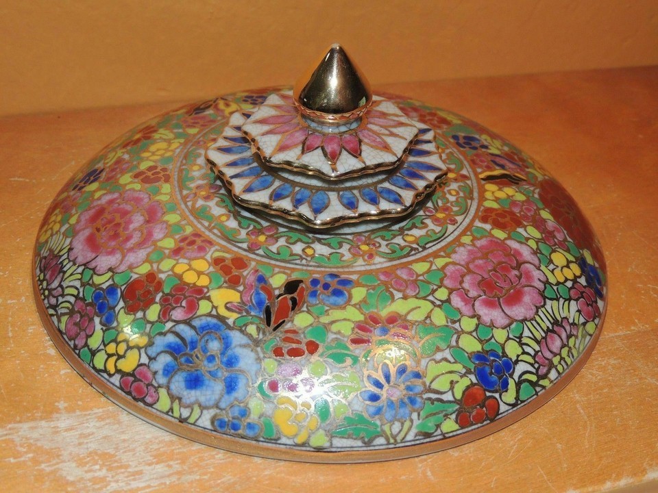 Chinese Crackle 8" Covered Dish 19th 20th gold highights Antique Bencharong Styl Item image 10