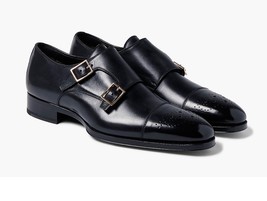 New Handmade Black Leather Double Monk strap Shoes Dress Custom Made on Order - £137.10 GBP