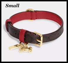 NIB COACH Small Dog Collar Signature Canvas Leather Red Apple/Brown/Gold Bone - £53.42 GBP