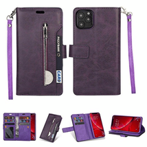 Leather Card Holding Zipper Case w/Strap PURPLE For iPhone 14 Pro - £7.48 GBP