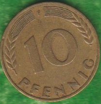 1972 F -Germany Federal Republic 10 Pfennig coin Age is 51 years old KM#... - $1.89