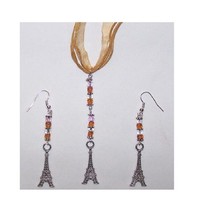 Necklace Earrings Eiffel Tower Charms Brown Silver Beads Brown Ribbon St... - £11.79 GBP