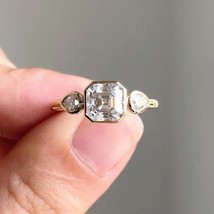 Asscher Cut Simulated CZ Engagement Ring Three Stone Ring Bezel Set Wedding Ring - £77.12 GBP
