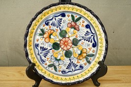 MEXICO Art Pottery Talavera Cobalt Trim Hand Painted Floral Pattern Plate - £27.13 GBP