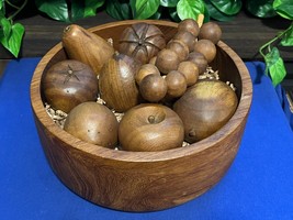 Good Wood Teak Wood Bowl &amp; Set of 8 Hand Carved Wooden Fruits - £7.68 GBP