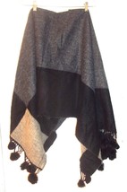 Reversible Black and Gray Wool Blend Pom Pom Poncho One Size Fits All 45... - $44.99