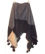 Reversible Black and Gray Wool Blend Pom Pom Poncho One Size Fits All 45... - £36.26 GBP