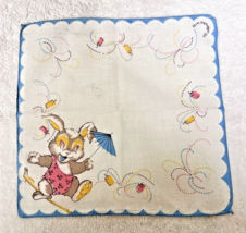 Vintage Hankie Children&#39;s Bunny Umbrella Fireworks Or Candles 8 3/4 Inch - $9.89