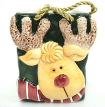 Ceramic Reindeer Gift Bag Container w Gold Cord Handles Whimsical Christmas - £7.39 GBP