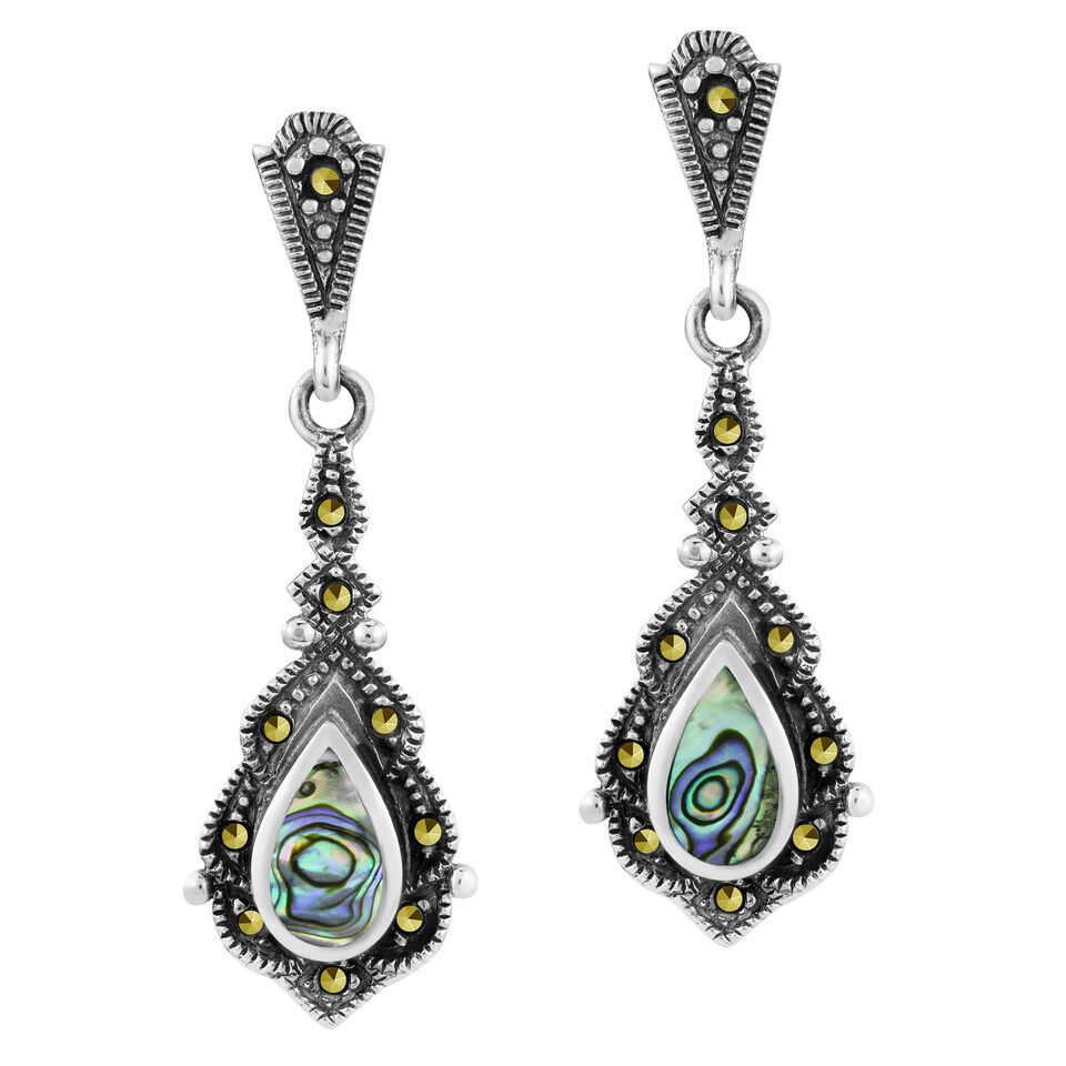 Primary image for Ornate Victorian Inspired Abalone Shell Sterling Silver Post Dangle Earrings
