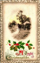 Holly Bells Winter Scene Iced Border A Joyful Christmastide 1910s DB Postcard - £2.80 GBP