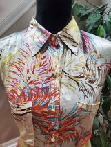 Cabi Multicolor 100% Silk Feather Hi-Low Collared Sleeveless Button Down Shirt M - £27.33 GBP