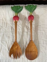Wood Carved Fork and Spoon Red Radish Design Wood Utensils Napa Valley S... - £19.32 GBP