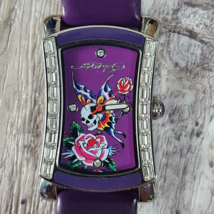 Ed Hardy Quartz Skull Butterfly Rose Leather Purple Watch Japanese Mvmt 3ATM HTF - £177.83 GBP