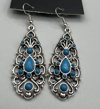 Jewelry Earrings Dangle 2&quot; Silver Tone Marcasite Design Swirls Blue Stones - £4.71 GBP