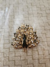 Peacock Pin Brooch in Black Enamel and Gold Tone  With Rhinestones 2&quot; Vi... - $18.80