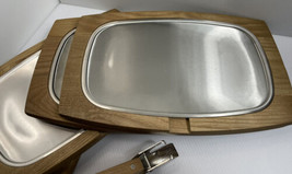 4 Steak Fajita Fish Platters Plates Wood Aluminum Great  12x8 With Lift Clamp - £18.01 GBP