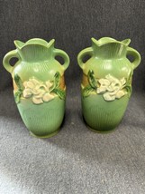 Vintage Roseville GREEN Handle Urn VASES Pair 6&quot; ARTS &amp; CRAFTS Pottery 40&#39;s - £91.94 GBP