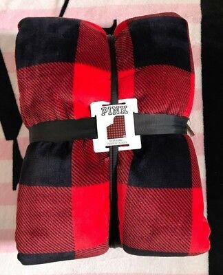 Victoria's Secret Pink Red Black Plaid Sherpa Blanket Plush Throw *NWT - £102.21 GBP