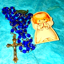 Beautiful shiny blue beaded Vtg rosary along with precious moments angel brooch - £27.86 GBP