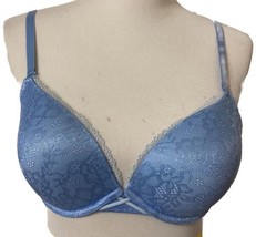 Ambrielle Plunge Underwire Push Up Lace Bra Size 36C Blue Eyelet Trim Padded - $17.99