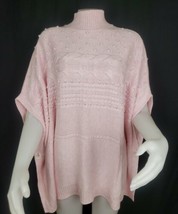 Talbots Turtleneck Sweater Poncho Womens Sz L Pink Popcorn Cable Knit Wool Blend - £21.66 GBP