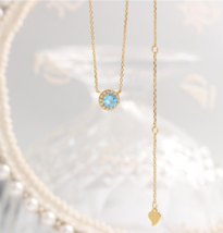14K Gold Blue Water Stone Necklace, 925 Silver, gift, small, March, sparkle - £42.07 GBP