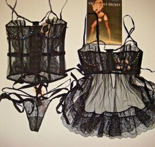 Victoria&#39;s Secret Designer Collection 32D,34B Corset+Babydoll Black Swarovski - £236.70 GBP