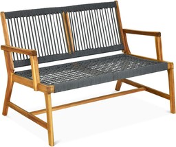 Tangkula 2-Person Patio Acacia Wood Bench Loveseat, Outdoor Patio Rope, ... - £100.79 GBP