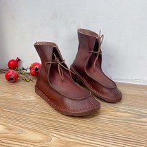 Retro Women Short Boots New Genuine Leather Lace-Up Shoes Handmade Round Toe Sol - £94.06 GBP