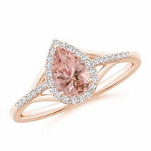 ANGARA Pear-Shaped Morganite Ring with Diamond Halo for Women in 14K Solid Gold - £704.18 GBP