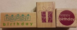 Set of 3 Happy Birthday Present Gift Inkadinkado Wood Mounted Rubber Stamps  - $12.86