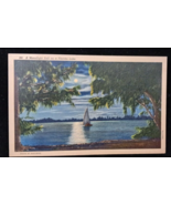 Florida Lake Sailing Scenic Moonlight View Linen New Vintage VTG Postcard - $207.17 MXN