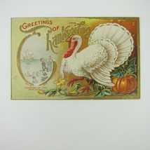 Thanksgiving Postcard Wild Turkey Pilgrims Ship Pumpkin Embossed Antique 1908 - £7.85 GBP