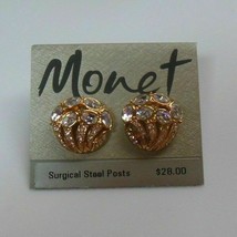 Vintage Signed Monet Gold Tone Rhinestone Surgical Steel Post Earrings - $24.74
